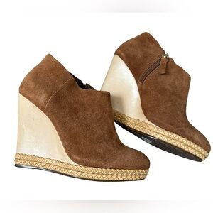 Schutz Belua Tan Suede Wood Wedge Espadrille Platform Low Cut Ankle Booties 9